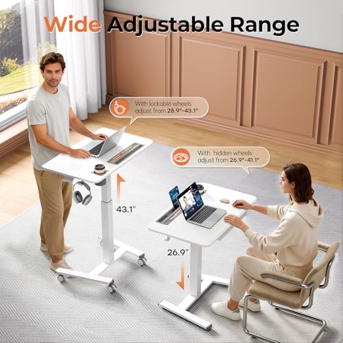 JYLH JOYSEEKER Mobile Standing Desk with Drawer, 32" Rolling Desk with Cup Holder and Hooks, Portable Laptop Cart on Wheels, Height Adjustable Workstation with Storage for Home Office, White JYLH JOYSEEKER