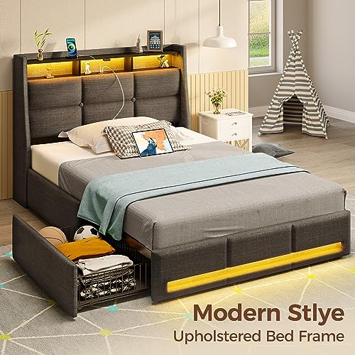 Rolanstar Twin Size Bed Frame with LED Lights and Charging Station, Upholstered Bed Storage Headboard & Drawers, Heavy Duty Wood Slats, Easy Assembly Rolanstar