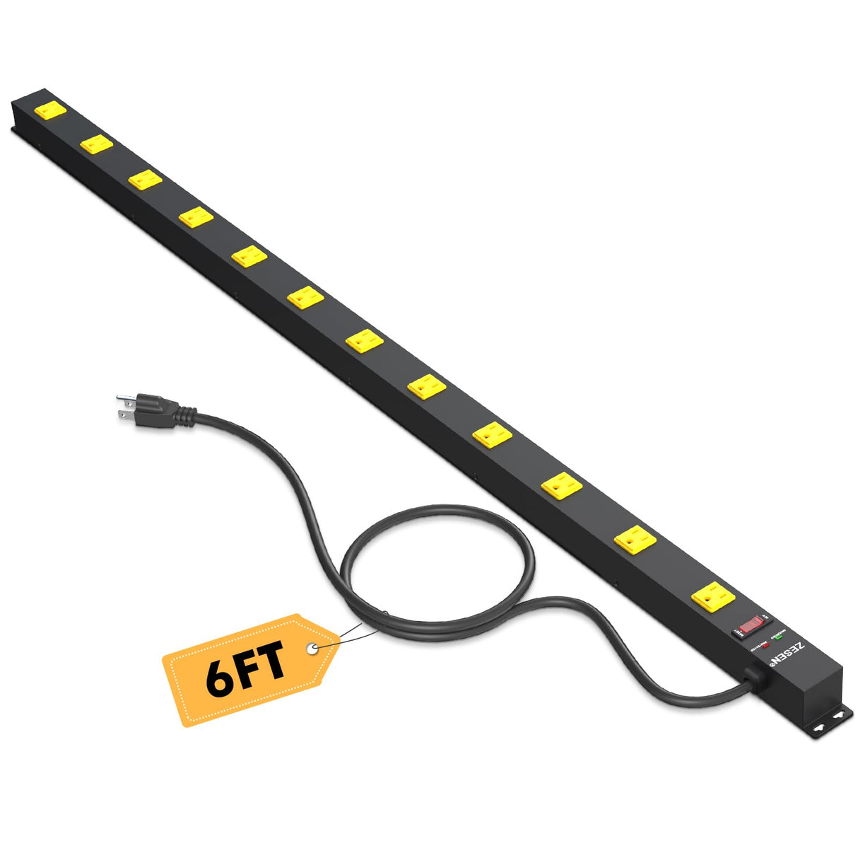 ZESEN 12 Outlet Long Power Strip with 6FT Power Cord, Industrial Heavy Duty for Work Bench Shop Garage, 2100 Joules Surge Protector, Wide Spaced Outlet Power Bar, ETL Certified, Black ZESEN