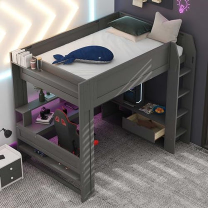 Brabrety Dark Gray Full Size Gaming Loft Bed with Desk, LED Lights and Storage Solutions - WoodArtSupply