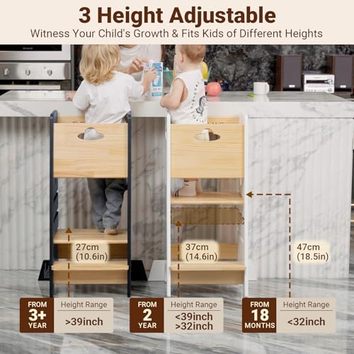 COSYLAND Toddler Standing Tower Adjustable Height - Super Stable Toddler Kitchen Stool Helper - 3 Levels Adjustable Wooden Toddler Kitchen Stool (Natural & Dark Gray) COSYLAND