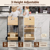 COSYLAND Toddler Standing Tower Adjustable Height - Super Stable Toddler Kitchen Stool Helper - 3 Levels Adjustable Wooden Toddler Kitchen Stool (Natural & Dark Gray) COSYLAND