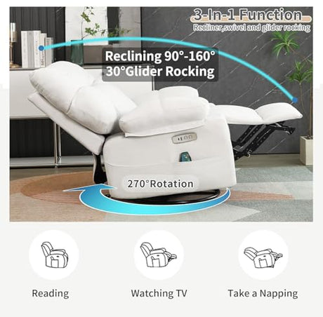 AISALL Power Swivel Rocker Recliner Chair Oversized for Adults, Electric Heated & Massage Chair Recliner with USB/Type-C, Fabric Nursery Recliner for Living Room,Bedroom, White AISALL