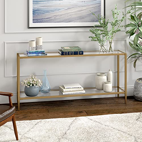 Henn&Hart 64" Wide Rectangular Console Table with Glass Shelf in Brushed Brass, Entryway Table, Accent Table for Living Room, Hallway Henn&Hart