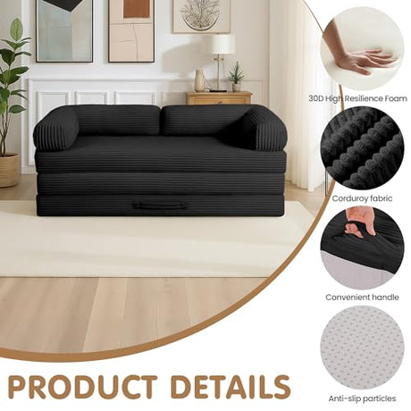 NLDD Convertible Sofa Bed King,5-in-1 Folding Boneless Couch Corduroy Futon Sofa Bed,Tri-Fold Mattress with Removable Armrests & Handle,Sleeper with Pull Out Bed for Small Space Living Room Bedroom NLDD