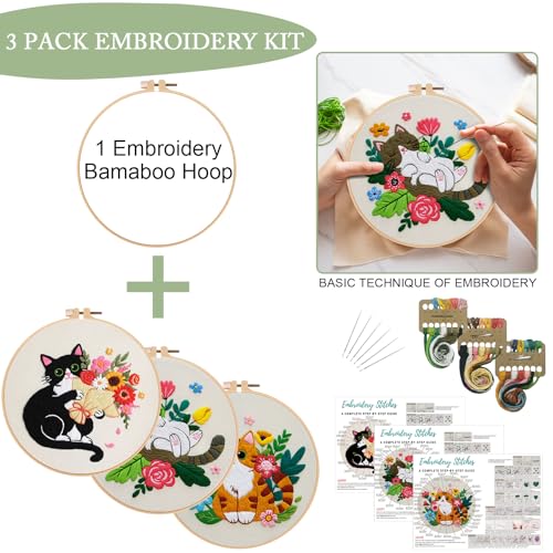 Nuberlic Cat Embroidery Kit for Adults Beginners - 3 Pre-Printed Animal Patterns, Adults Starter Cross Stitch Kit DIY Needlepoint