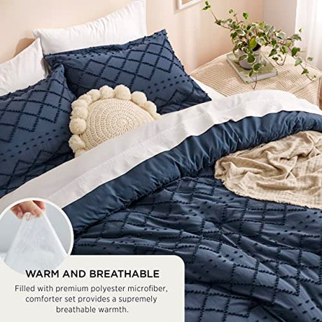 Bedsure Queen Comforter Set - Navy Blue Comforter, Boho Tufted Shabby Chic Bedding for Kids, 3 Pieces Vintage Farmhouse Bed Set for All Seasons, Fluffy Soft Bedding with 2 Pillow Shams Bedsure