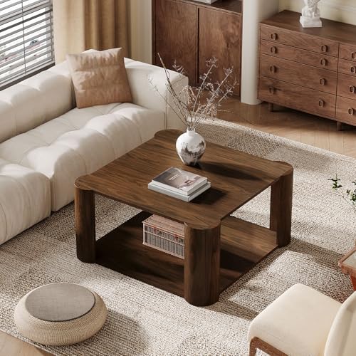 Tribesigns Modern Square Coffee Table, 33.85-Inch Coffee Table with 2-Tier Shelves, Accent Center Table for Living Room, Lounge, Dark Walnut - WoodArtSupply