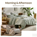 JELLYMONI 100% Natural Cotton 3pcs Striped Duvet Cover Sets,White Duvet Cover with Green Stripes Pattern Printed Comforter Cover,with Zipper Closure & Corner Ties(Full Size) JELLYMONI