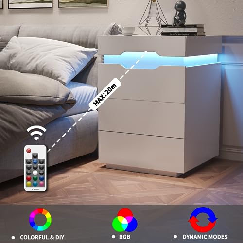 YESHOMY Nightstand with LED Light and Charging Station, Endtable with 3 Drawers, Bedside Table with Large Capacity, for Bedroom, Set of 2, 27.5" Height, White YESHOMY