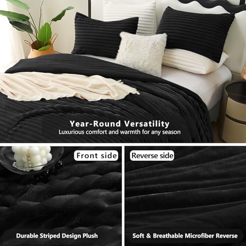 CozyLux Fluffy Full Size Comforter Sets - Super Soft Faux Fur Black Comforter Full Size, Winter Warm Fleece Bedding Set, 3 Pieces Plush Fuzzy Bed Set (1 Shaggy Comforter, 2 Pillowcases) CozyLux