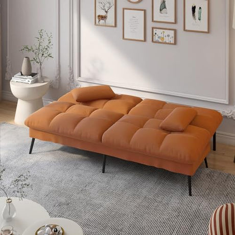COMHOMA Convertible Sofa Bed,68″Fabric Couch with Adjustable Backrest,Loveseat Recliner Sleeper Living Room Furniture futon Set,Orange COMHOMA