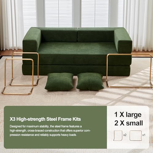 SEQAVRW 79" Boneless Sofa Bed, 5-in-1 No-Assembly Convertible Sleeper Couch with Fixed Frame Armrests, Modular Corduroy Futon, Compressed in a Box for Space Saving (Green, Includes 2 Pillows) SEQAVRW