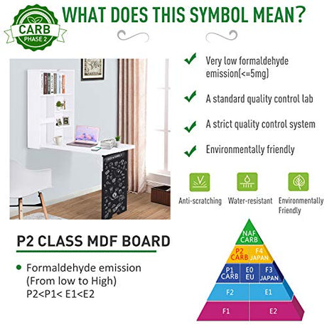 HOMCOM Wall Mounted Foldable Desk with a Blackboard, Fold Out Convertible Floating Desk with Shelves, White HOMCOM