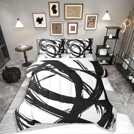 7Pcs Black and White Abstarct Bed in A Bag Full for Adult Women Men, Geometric Striped Comforter Set for Minimalists,Graffiti Aesthetic Lines Bedding Set,Contemporary Boho Modern Bed Sheets Erosebridal