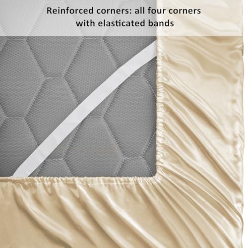 Lirex Satin Fitted Sheet Queen Size,Luxury & Ultra Soft Deep Pocket Single Bottom Bed Sheets Sold Separately, Champagne Lirex