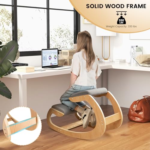 Giantex Ergonomic Kneeling Desk Chair, Rocking Knee Chair with Cushion & Solid Wood Frame, Natural Relief for Neck or Back Pain, Posture Chair for Desk, Home, Office, Max Load 330 Lbs (Grey) Giantex