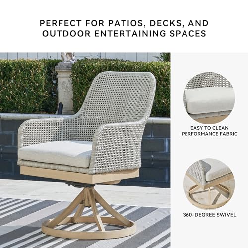 Signature Design by Ashley Seton Creek Cottage Weather Resistant Outdoor Swivel Dining Chair with Cushion, Set of 2, Light Brown & Light Gray Signature Design by Ashley
