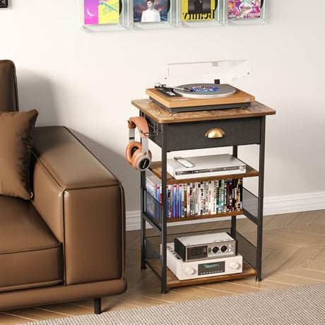 Hongtamoya 4-Tier AV Media Stand with Drawer, Video Game Console Shelf with 2 Hooks, Audio Rack Tower Perfect for/Xbox/ PS5/Switch/Game Consoles/DVD/Record Player/Projector/Sky Box/TV Accessories Hongtamoya