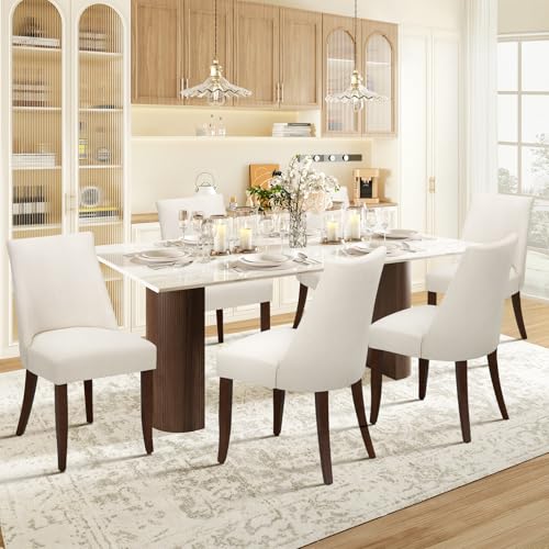 COLAMY Upholstered Dining Chairs Set of 6, Mid Century Modern Kitchen Chairs with Back, Farmhouse Fabric Side Dining Room Chairs with Wood Legs for Dining Room Restaurant, Beige COLAMY