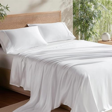 Bedsure Queen Sheet Set, Cooling Sheets for Queen Size Bed Set, Rayon Derived from Bamboo, Breathable & Soft, Deep Pocket Up to 16 Inches, Hotel Luxury Silky Bedding for Hot Sleepers, White Bedsure