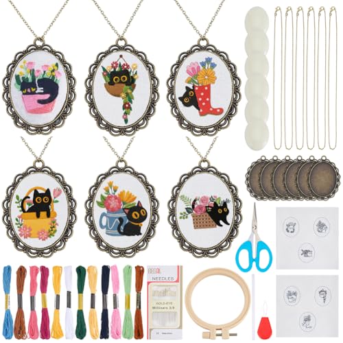 INFUNLY 6 Set Retro Embroidery Pendant Kit for Beginner Cat Plant DIY Embroidery Stitching Necklace Mini Embroidery Stitch Kit Sewing Jewelry Kits with Hoop Instructions for Adults Art Gifts Hanging