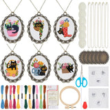 INFUNLY 6 Set Retro Embroidery Pendant Kit for Beginner Cat Plant DIY Embroidery Stitching Necklace Mini Embroidery Stitch Kit Sewing Jewelry Kits with Hoop Instructions for Adults Art Gifts Hanging