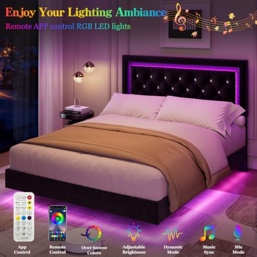 Garvee Floating Bed Frame Queen Size with Smart Led Lights, Upholstered Platform Bed with Diamond Headboard, Solid Wood Slats Support, No Box Spring Needed, Noise-Free, Easy Assembly, Black Garvee
