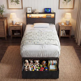 Woanke Twin Bed Frame with Headboard, Small Bed Frame with Drawers & Storage, Twin Bed Frames for Kids/Teenagers, Bed Frame Twin with LED Lights/Charging Station, Noise-Free/Assembly Easily, Black Oak Woanke