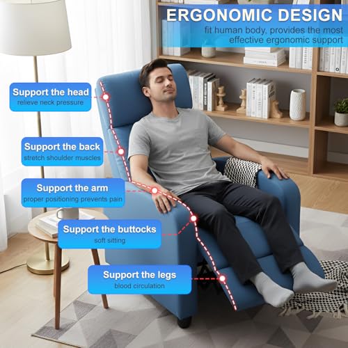BestMassage | Recliner Chair | No Massage Function | Textile Blue | with Lumbar Support, Adjustable Push Back, Wide Armrests, Footrest & Padded Seat | Easy Assembly | for Living Room, Home Theatre