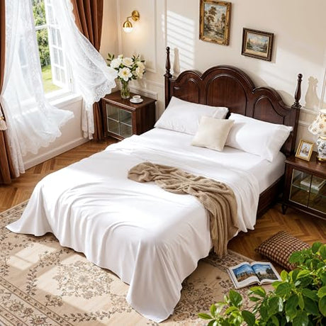 LBRO2M 1000 Thread Count 100% Cotton Sheets Set,King Size Bed Sheet 4 Piece Sets,Long Staple,16 Inches Deep Pocket,All Season,Bedding Super Soft Comforterble Breathable,Sateen Weave(White) LBRO2M