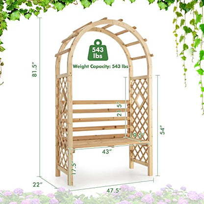 Giantex 81in Garden Arch with 2-Person Bench, Wooden Garden Arbor Archway Trellis for Climbing Plants, Outdoor Wedding Arches Patio Trellis Pergola for Ceremony Party Lawn Backyard, Load 543 lbs