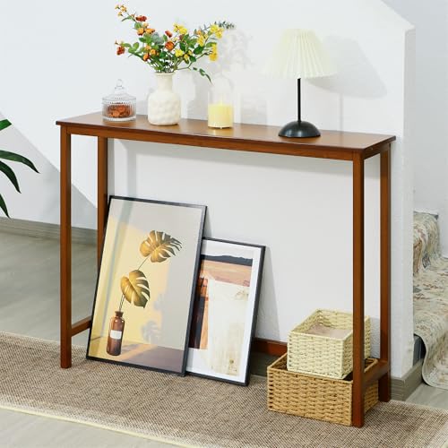 Mordchil HF Bamboo Narrow Console Table, 39.4"(L) Wood Small Entryway Table, Accent Slim Hallway Tables, Thin Sofa Side Tables for Hallway, Living Room, Bedroom, Foyer, Walnut Mordchil HF