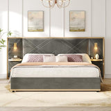 Merax King Bed Frame with 2 Built-in Led Lights and 2 Floating Storage Shelves, Luxury Velvet Upholstered Platform Bed Frame King Size with Wingback Headboard for Bedroom, No Box Spring Needed, Grey Merax