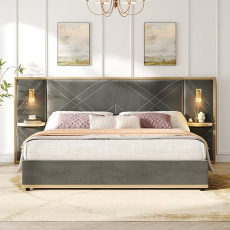 Merax King Bed Frame with 2 Built-in Led Lights and 2 Floating Storage Shelves, Luxury Velvet Upholstered Platform Bed Frame King Size with Wingback Headboard for Bedroom, No Box Spring Needed, Grey Merax