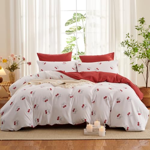 Bildenly White Twin Comforter Set - Red Cherry Quilt Bedding Set 2 Pieces, Comforter Set Twin Size, Soft & Lightweight Comforter(68‘’ x 90‘’) for Girl All Season & 1 Pillowcase(30‘’x20‘’) Bildenly