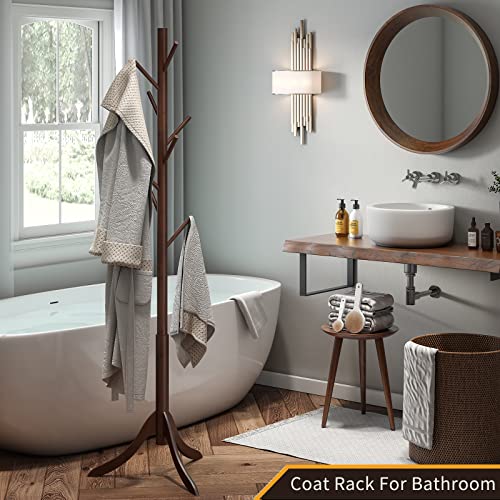 Coatrack 8 Standing Bamboo Coat Rack Hat Hanger 8 Hook for Jacket, Purse, Scarf Rack, Umbrella Tree Stand (Brown) Furshus