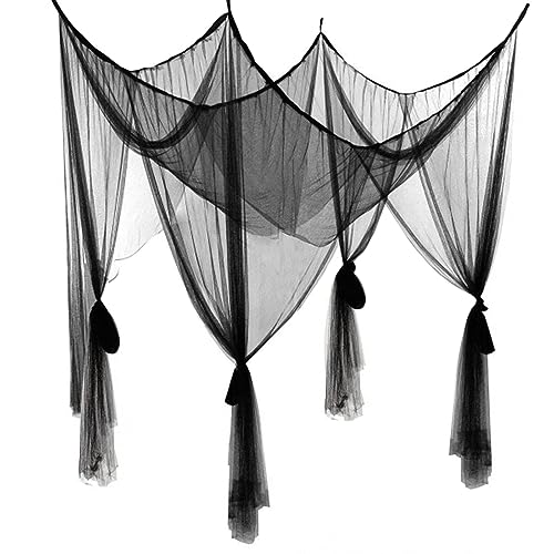 Anmas Home Mosquito Net Bed Canopy with 66ft LED Star String Lights, Black Netting Four Corner Post Curtains Elegant Mosquito Net