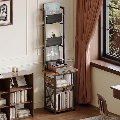 Homeiju Record Player Stand with Power Outlet, 6 Tier Vinyl Record Display Shelf, Record Player Table with album storage up to 200 Albums, Console Organizer Display Shelf, Gifts for Music Lovers Homeiju