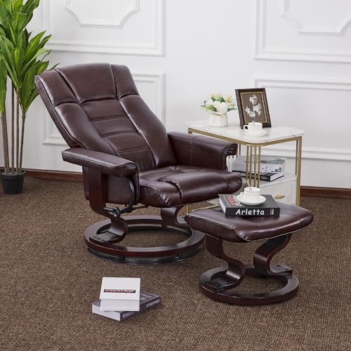 MCombo Manual Swivel Recliner with Ottoman, Chair Ottoman Set for RV Small Spaces, Living Room, Bedroom, Office 9019 4919 (Faux Leather, Dark Brown)
