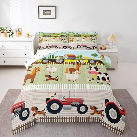 Feelyou Tractor Bedding Sets Toddler Size for Kids Boys Cute Cartoon Farm Animals Comforter Set Girls Farmhouse Country Down Comforter for All Season Colorful Room Decor Nature Theme Duvet Set Feelyou