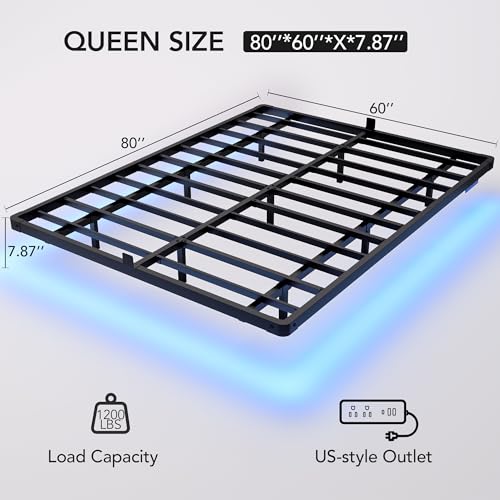 Decofy Full Size Floating Bed Frame with LED Lights and Charging Station, Modern Minimalist Design, No Spring Mattress Required, Easy to Assemble Decofy