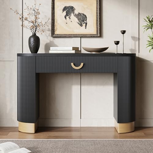 Merax Modern Vertical Ribbed Console Table with Functional Storage Drawer & Column Legs, Entryway Hallway Sofatable for Living Room, Black Merax