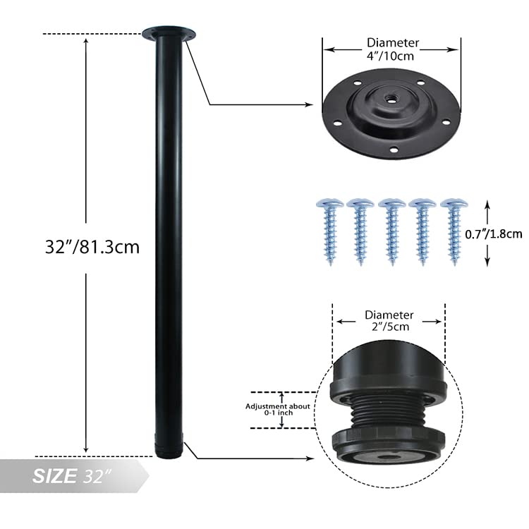 QLLY 32 inch Adjustable Tall Metal Desk Legs, Office Table Furniture Leg Set, Set of 4 (Black) QLLY
