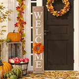Glitzhome Welcome Sign with 4 Interchangeable Floral Wreaths for Front Door Porch, Farmhouse Wooden Hanging Wall Sign for Seasons Spring Fall Harvest Thanksgiving Christmas, 60”H, Natural Glitzhome