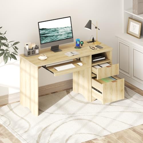 Bestier Computer Desk with Drawer, 55 inch Office Desk with Power Outlet, Modern Home Office Desk with Keyboard Tray (Natual Oak, 55" W with Single-Sided Drawers) Bestier
