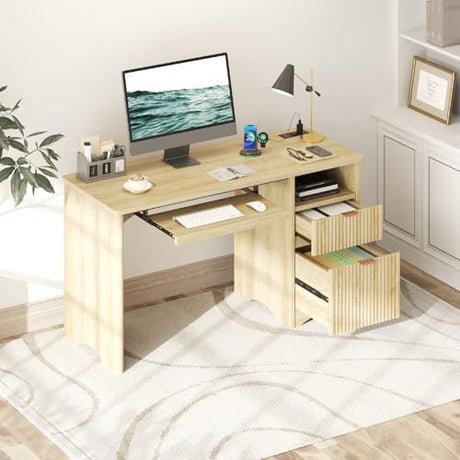 Bestier Computer Desk with Drawer, 55 inch Office Desk with Power Outlet, Modern Home Office Desk with Keyboard Tray (Natual Oak, 55" W with Single-Sided Drawers) Bestier