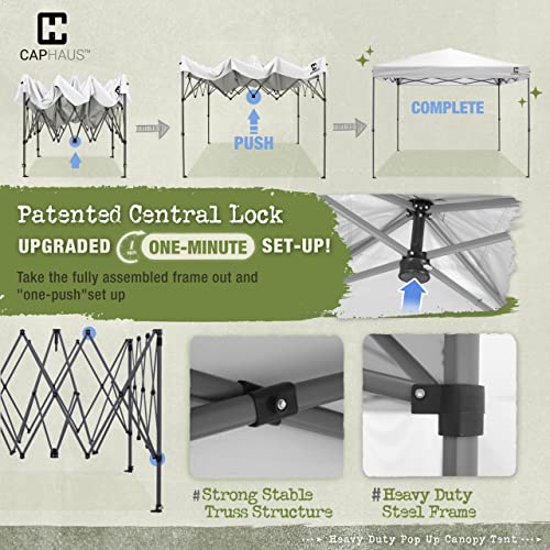 CAPHAUS 12ft x 12ft Patented One-Push Pop Up Outdoor Canopy Tent, Heavy-Duty Commercial Grade w/Central Lock, Portable and Instant Folding Shelter with Wheeled Carry Bag and Weight Bag, White CAPHAUS