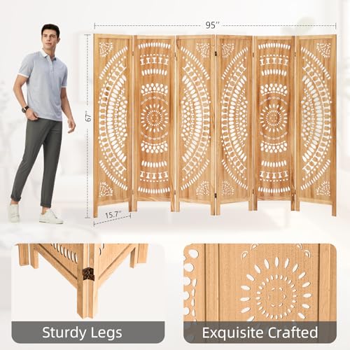 Asnefeli Wooden Room Divider Wall, 6 Panel Divider Screens, Folding Privacy Screen, 5.6 FT Wall Divider Room, Carved Room Divider Panel, Portable Wall Divider for Home Bedroom Office (Natural) Asnefeli