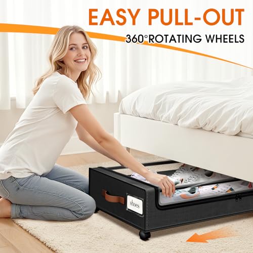SpaceHacks Under Bed Storage with Wheels 3Pack Storage Containers with Clear Window&Label Under Bed Drawers Rolling Under Bed Storage for Clothes,Shoes, Blankets (30.71 x 16.93 x 6.69 in, Black) SpaceHacks